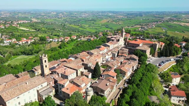 aerial view of the village of Saludecio in the province of Rimini. The village transmits peace and tranquility and has a spectacular view of Romagna and the Adriatic Sea