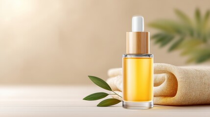 A glass dropper bottle with golden oil sits beside a towel and green leaves on a light wooden surface, evoking a spa or wellness setting, Mindful Product Photography.