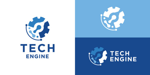 Creative modern tech engine logo template. Simple gear with dot connection logo design vector illustration.