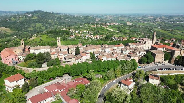aerial view of the village of Saludecio in the province of Rimini. The village transmits peace and tranquility and has a spectacular view of Romagna and the Adriatic Sea