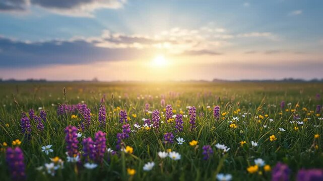 green meadow and flowers in the mountains with summer flowers and grass. Sunset lights up green hills with trees. Chamomile flowers and other wild flowers at sunset. Camera raised, gimbal shot