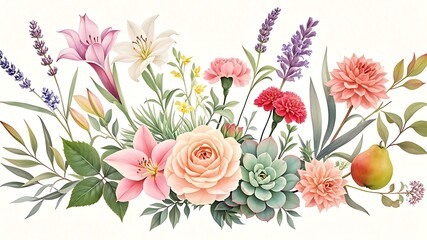 set of flowersroses, lilies, carnations, lavender, succulent, dahlia, quince on an isolated white background, watercolor illustration, botanical painting, hand drawing