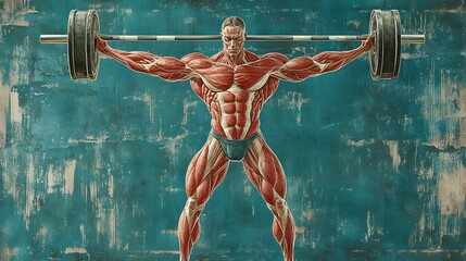 Muscular System During Weightlifting: An illustration of the muscular system while lifting a heavy weight, highlighting the muscles engaged in the arms, back, and legs.
