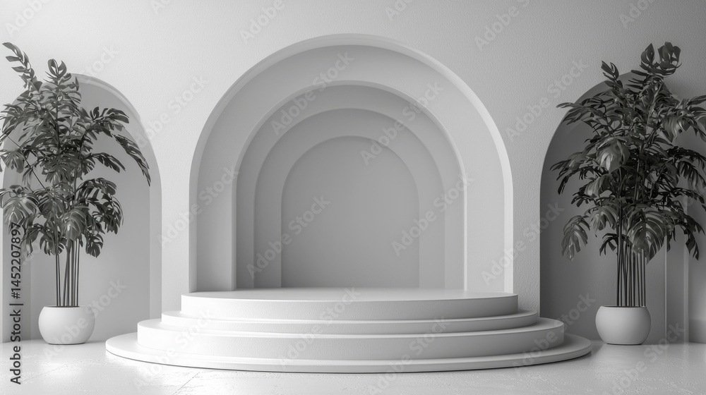 Poster a sleek minimal podium is showcased, with multiple arches creating a contemporary backdrop. lush gre
