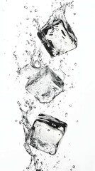 Floating ice cubes, with splashes of water around them, against a white background