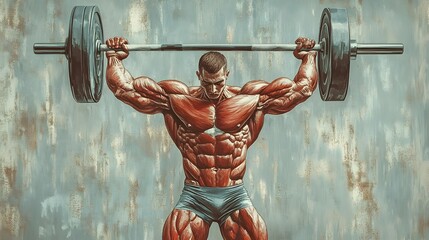 Naklejka na ściany i meble Muscular System During Weightlifting: An illustration of the muscular system while lifting a heavy weight, highlighting the muscles engaged in the arms, back, and legs. 
