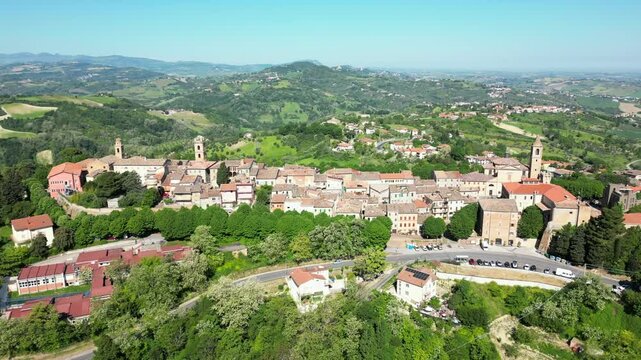 aerial view of the village of Saludecio in the province of Rimini. The village transmits peace and tranquility and has a spectacular view of Romagna and the Adriatic Sea