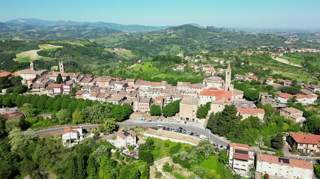 aerial view of the village of Saludecio in the province of Rimini. The village transmits peace and tranquility and has a spectacular view of Romagna and the Adriatic Sea