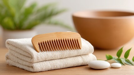 A wooden comb rests on stacked towels beside smooth stones and a bowl, creating a serene, spa-like atmosphere, Mindful Product Photography.