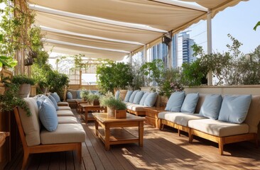 Fototapeta premium Relaxing Outdoor Patio Design, Modern Wooden Furniture, Lush Greenery, and Tranquil Ambiance, Perfect for Sunny Days.