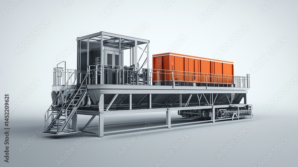 Aufkleber industrial machine with orange containers for efficient processing and transportation.