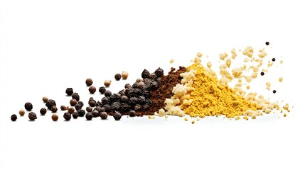 Naklejka premium Assortment of spices on a white background, with powder and small particles of turmeric, cumin, black pepper, and chili powder in various sizes