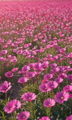 Obraz premium Vibrant pink flower field, sunlit, bright background, cheerful, floral design, romantic