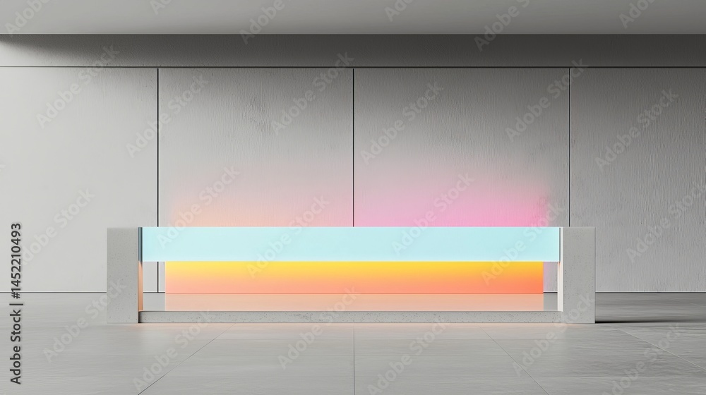 Poster modern illuminated bench in a minimalistic interior with colorful gradient lighting.