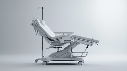 Modern hospital examination chair with adjustable features and IV stand.