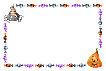 Spider, pumpkin and colorful candies. Horizontal rectangular frame made of isolated watercolor elements, hand drawn on a white background. Halloween frame template.