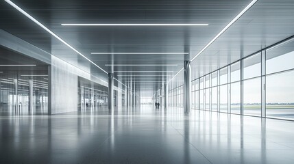 Modern interior of a sleek, minimalistic building with ample natural light.