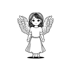 Charming monochrome illustration of a stylized angel figure with gentle features