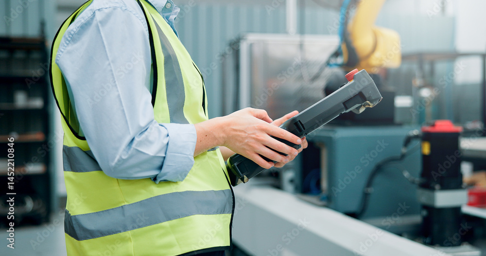 Poster Hands, person and tablet at machine factory for research, robotics update and technical guide. Engineer, digital remote control and production manual, automation safety and process for manufacturing