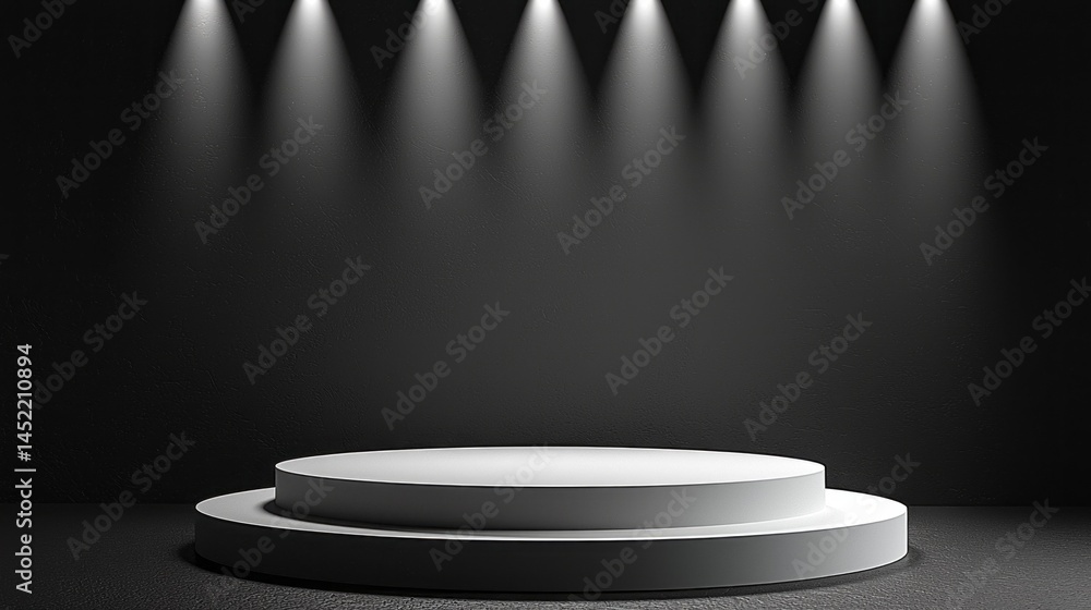 Aufkleber A minimalistic podium sits in a dark space, illuminated by evenly spaced spotlights from above, creating an inviting area for presentations and special events