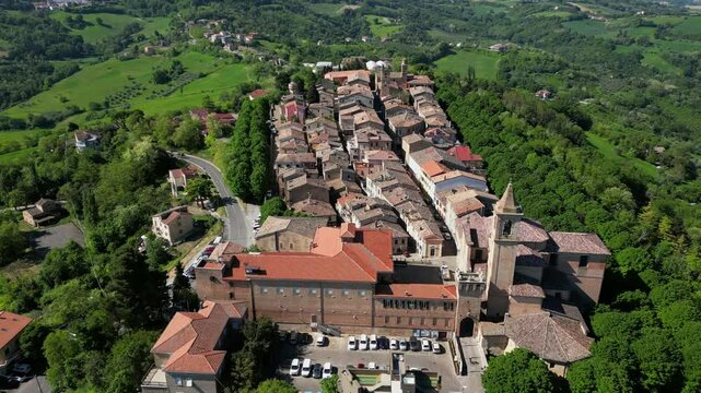 aerial view of the village of Saludecio in the province of Rimini. The village transmits peace and tranquility and has a spectacular view of Romagna and the Adriatic Sea