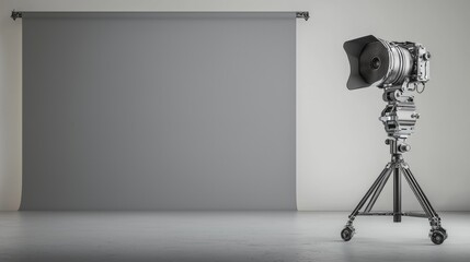 Professional camera setup on a gray backdrop ready for a photoshoot session.