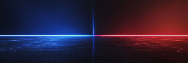 Black minimalist background with glowing blue and red lines and geometric symmetry