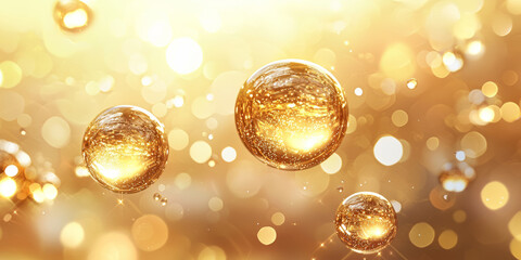 Cosmetic serum texture with floating golden bubbles, soft highlights, and glowing reflections