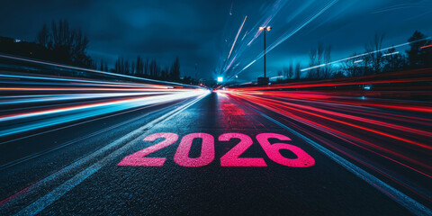 Dark highway illuminated by light trails and 2026 glowing on the asphalt