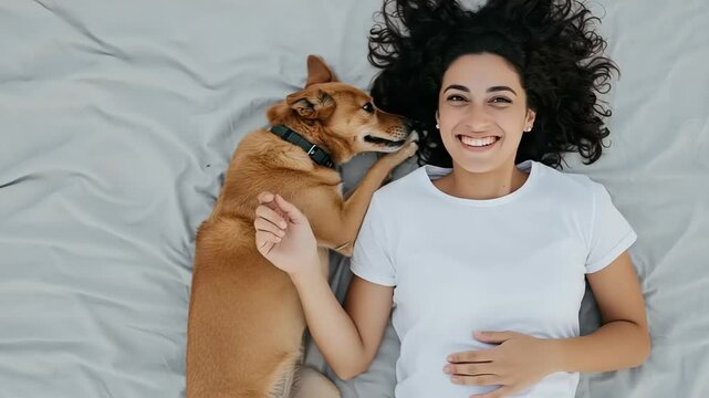Golden Retriever breed, which falls asleep on a bed of white linen, and in the background a young woman lies and strokes the dog. Woman laughing with dog on blanket, overhead view.