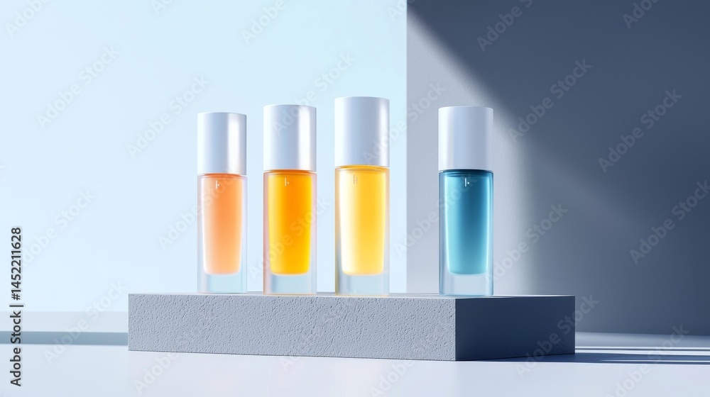 Poster stylish display of colorful glass bottles on a minimalist shelf with soft lighting.