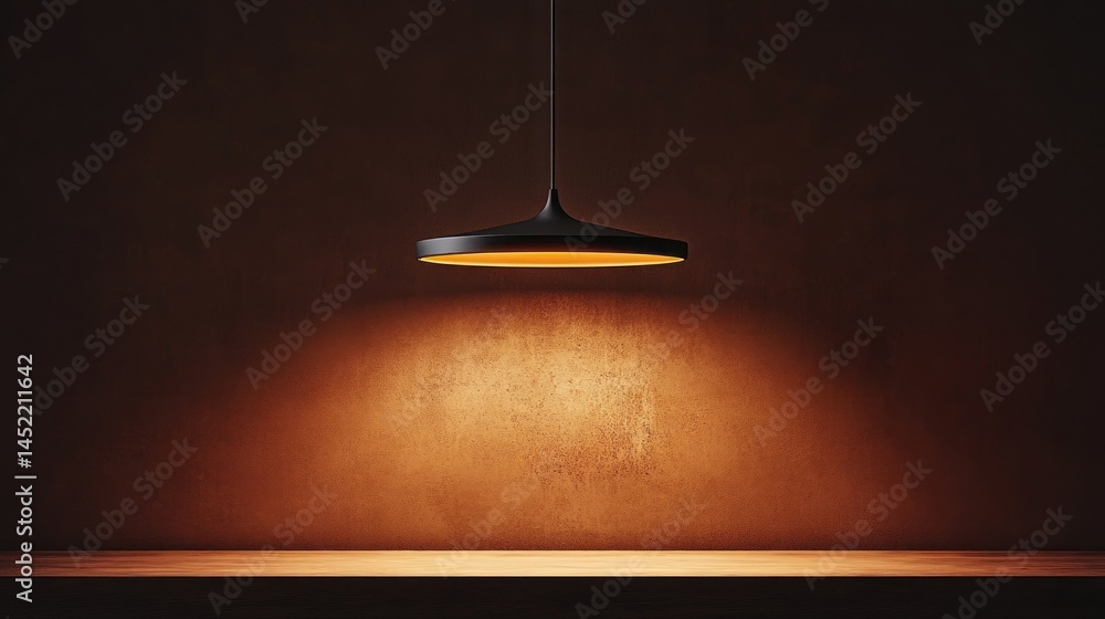 Poster a sleek pendant lamp hangs from the ceiling, illuminating a subtle patch of warmth on the dark brown