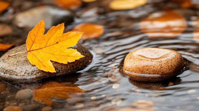 A vibrant autumn leaf floats on the surface of a rippling river, highlighting the connection between nature and serenity in a picturesque and soothing environment.