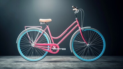 Stylish pink bicycle with blue wheels, perfect for urban cycling, fashion, and leisure.