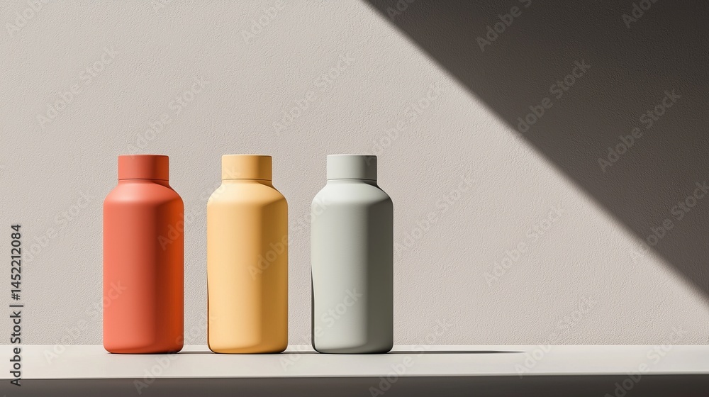 Poster three colorful bottles arranged on a minimalist shelf with soft shadows.