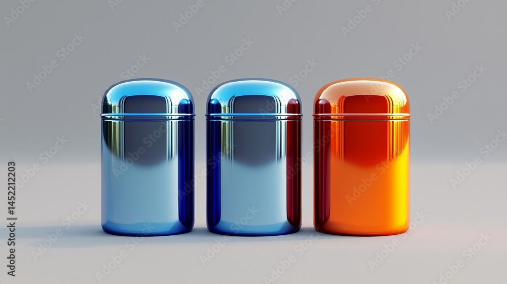 Poster three colorful modern containers standing on a smooth surface with soft lighting.