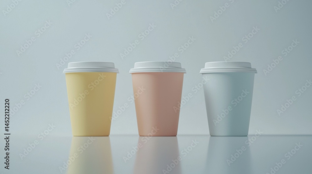Aufkleber three colorful paper cups arranged in a row on a minimalistic background.