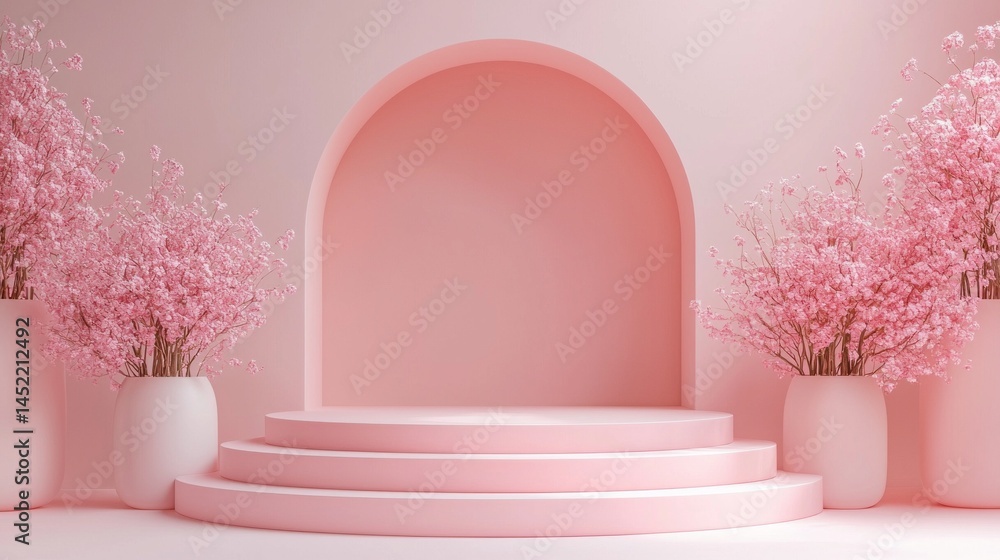 Poster soft pink podium with three steps surrounded by large potted flowers creates an elegant setting idea