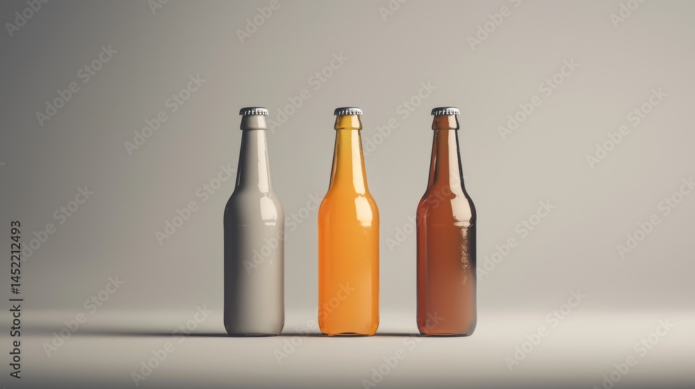 Poster three uniquely colored beverage bottles arranged symmetrically on a neutral backdrop.