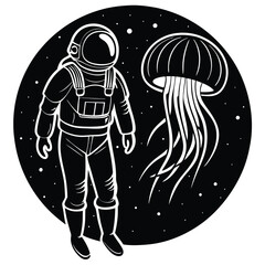 Astronaut vector silhouette illustration Astronaut with space jellyfish floating nearby