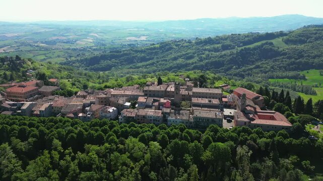 aerial view of the village of Saludecio in the province of Rimini. The village transmits peace and tranquility and has a spectacular view of Romagna and the Adriatic Sea