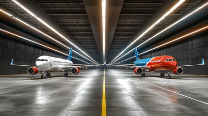 Fototapeta premium Two modern airplanes parked in a sleek, illuminated hangar interior.