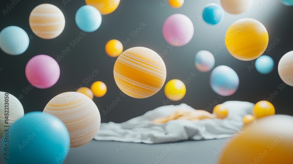 Poster vibrant 3d spheres floating above textured surface creating an abstract atmosphere.