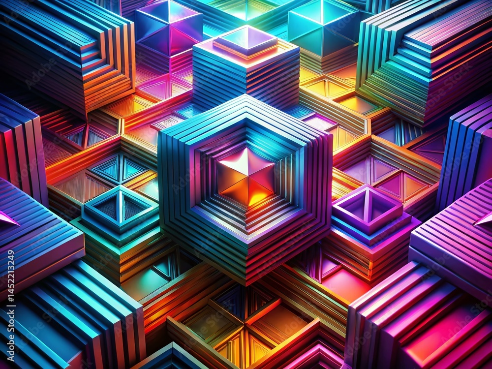 Poster abstract colorful 3d geometric background with glowing lines - high depth of field stock photo