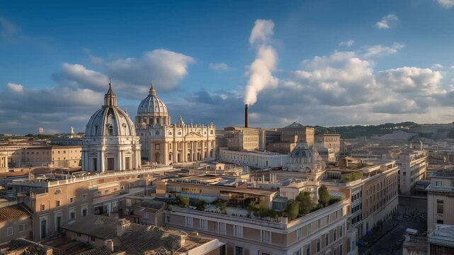 View of Vatican and St. Peters Basilica with white smoke announcing election of new Pope. Important event for faith and religion in Vatican is marked by appearance of white smoke symbol of catholicism