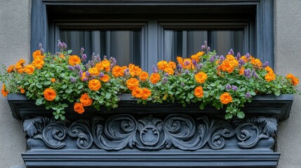 Fototapeta premium Ornate window box filled with vibrant orange and purple flowers