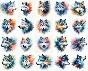 Wolf head. Double exposure watercolor . Watercolor style. AI generated illustration