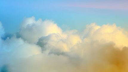 Obraz premium Fluffy cumulus clouds under soft sunlight, serene sky with golden hour glow.
