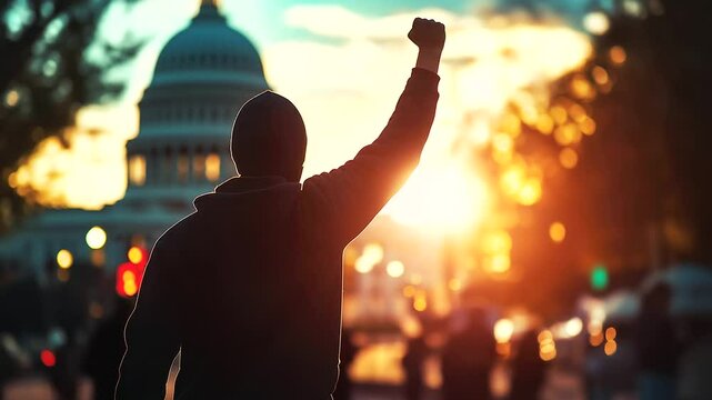 A blurred protester with raised fists in front of the Capitol, representing the ongoing struggle for change and the unpredictability of future political movements.