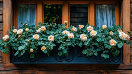 Ornate window box overflowing with pale yellow roses